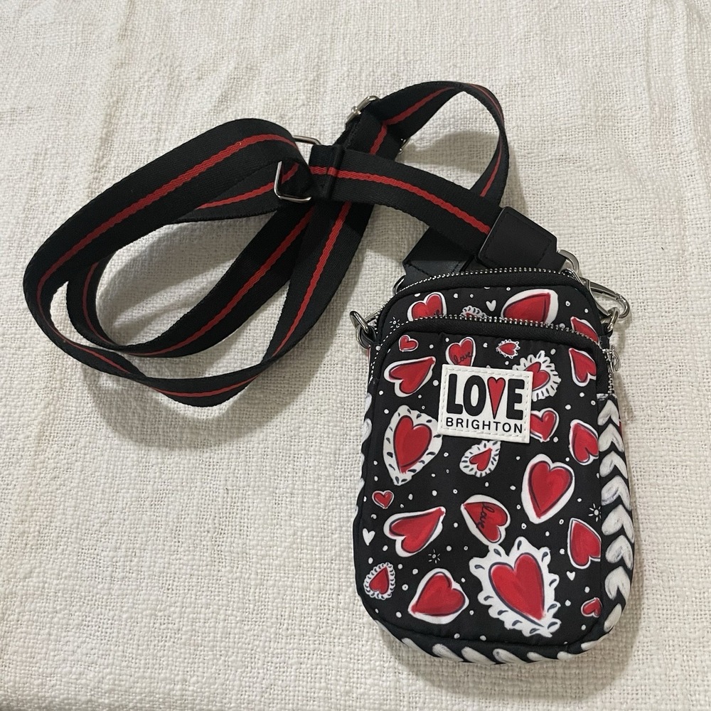 Brighton‎ Hearts A Flutter Utility Bag Crossbody Purse Black Red Hearts NEW